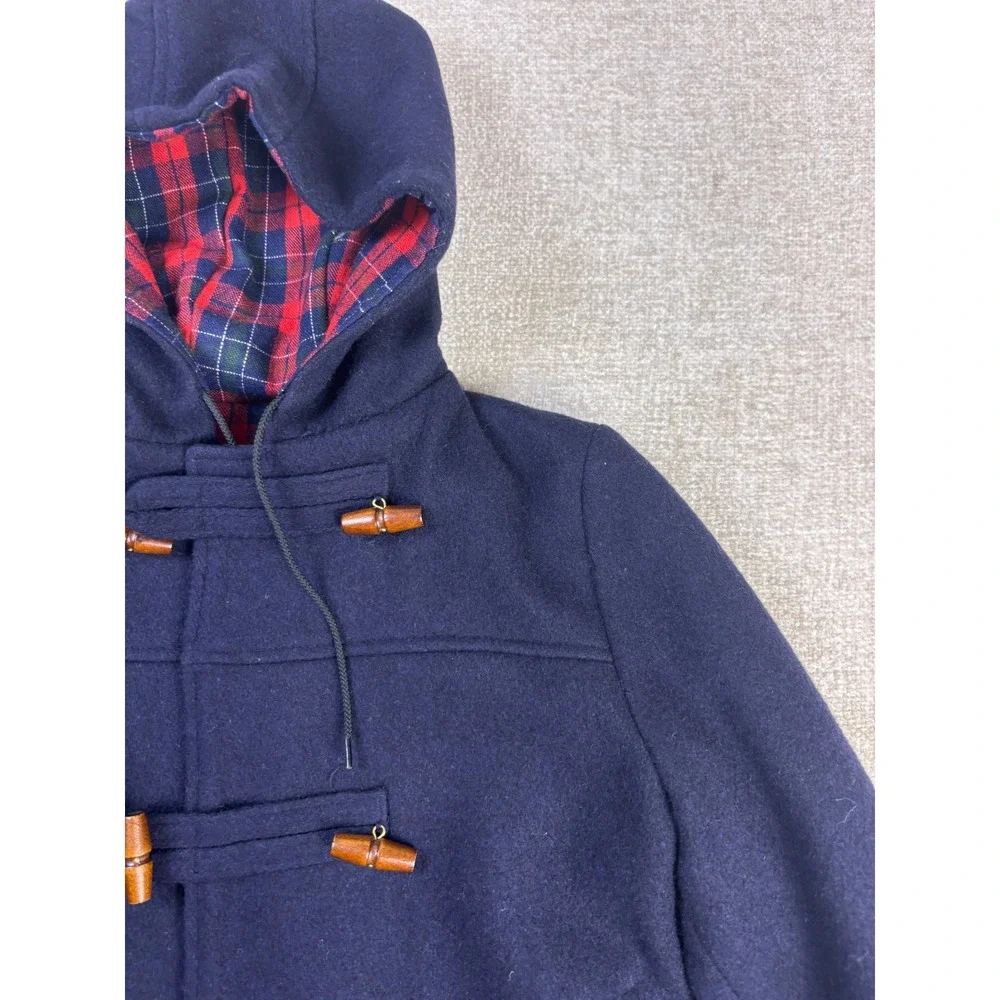 Imp Originals Kids Navy Blue Wool Duffle Coat Plaid Lined Toggle Size 8 USA Made